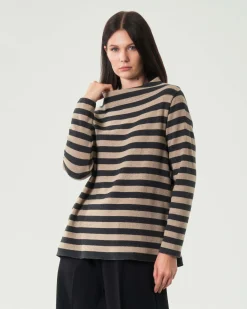 Maglia beige a righe grigio antracite JurerĂŞ in misto cotone con colletto a cratere