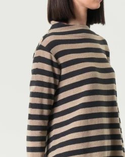 Maglia beige a righe grigio antracite Jurerê in misto cotone con colletto a cratere