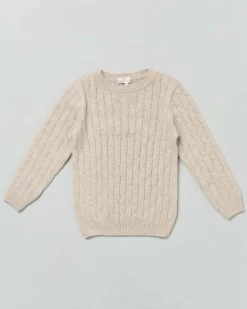 Maglia beige girocollo in pura lana con lavorazione a trecce