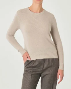 Maglia beige melange girocollo in puro cashmere