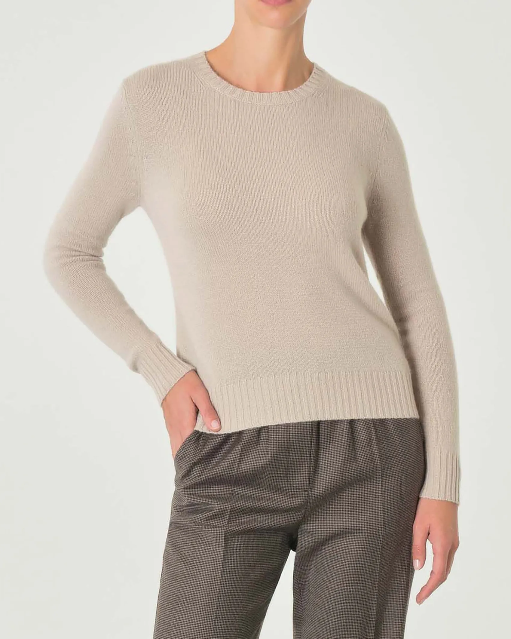 Maglia beige melange girocollo in puro cashmere