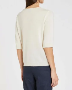Maglia bianca Marella in cashmere a maniche corte con scollo con taglio a vivo