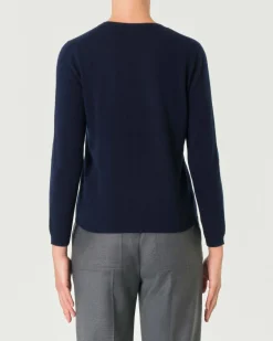 Maglia blu girocollo in cashmere con profili lavorati a costine