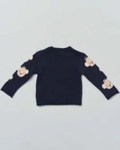 Maglia blu girocollo in lana con orsetti jacquard