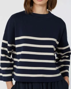 Maglia blu in cotone a righe bianche Weekend Max Mara con maniche al gomito
