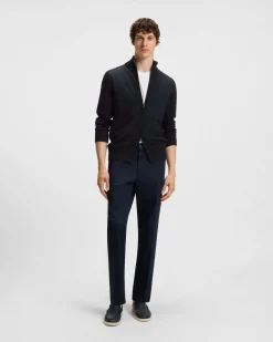 Maglia blu in pura lana vergine con pannello lavorato e chiusura zip a doppio cursore