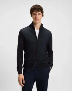Maglia blu in pura lana vergine con pannello lavorato e chiusura zip a doppio cursore