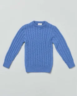 Maglia blu indaco girocollo in pura lana merino con lavorazione a trecce