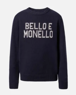 Maglia blu MC2 Saint Barth girocollo in misto lana e cashmere con scritta Bello e Monello