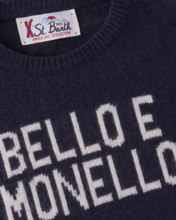 Maglia blu MC2 Saint Barth girocollo in misto lana e cashmere con scritta Bello e Monello