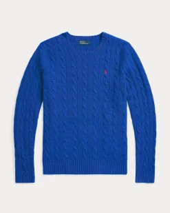 Maglia blu royal girocollo in lana e cashmere a trecce con logo ricamato a contrasto di colore