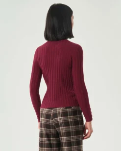 Maglia bordeaux Hlo! in misto viscosa a coste piatte con scollo a V e bottoncini lungo i polsini