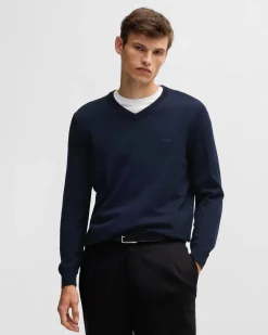 Maglia Boss blu con scollo a V in pura lana vergine