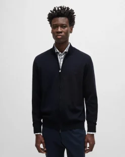 Maglia Boss blu in pura lana merinos con chiusura zip a doppio cursore