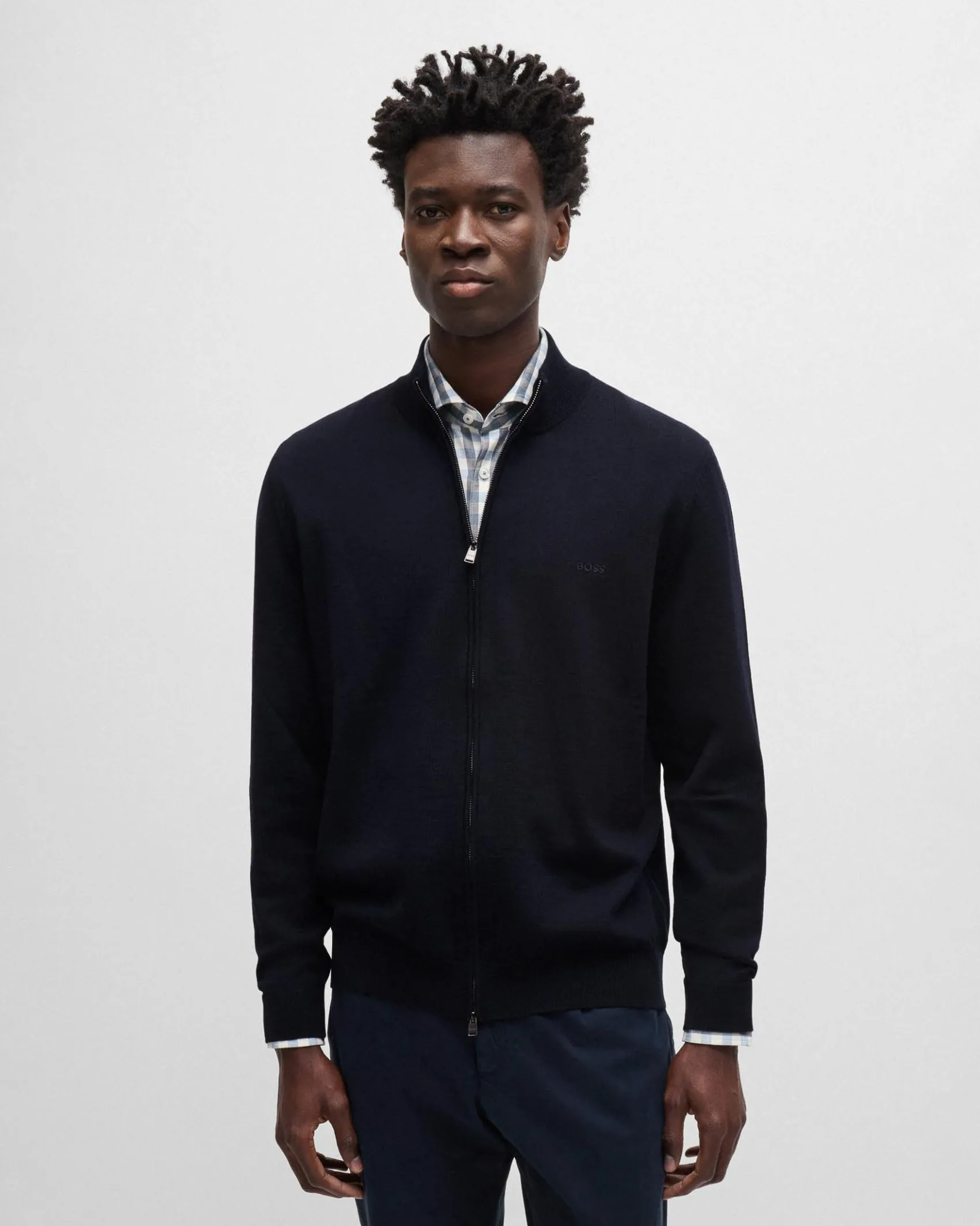 Maglia Boss blu in pura lana merinos con chiusura zip a doppio cursore