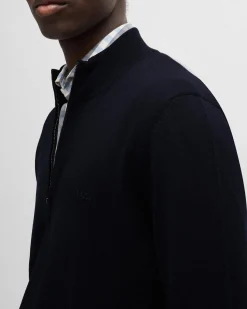 Maglia Boss blu in pura lana merinos con chiusura zip a doppio cursore