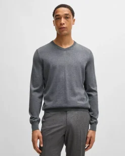 Maglia Boss grigia con scollo a V in pura lana vergine