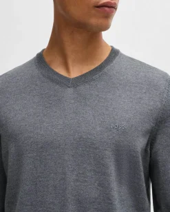 Maglia Boss grigia con scollo a V in pura lana vergine