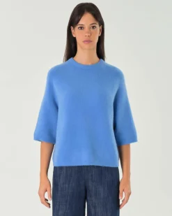 Maglia celeste in misto mohair con maniche corte al gomito