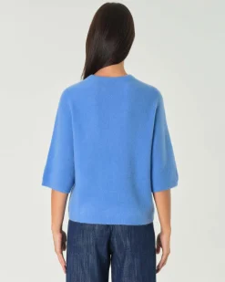 Maglia celeste in misto mohair con maniche corte al gomito