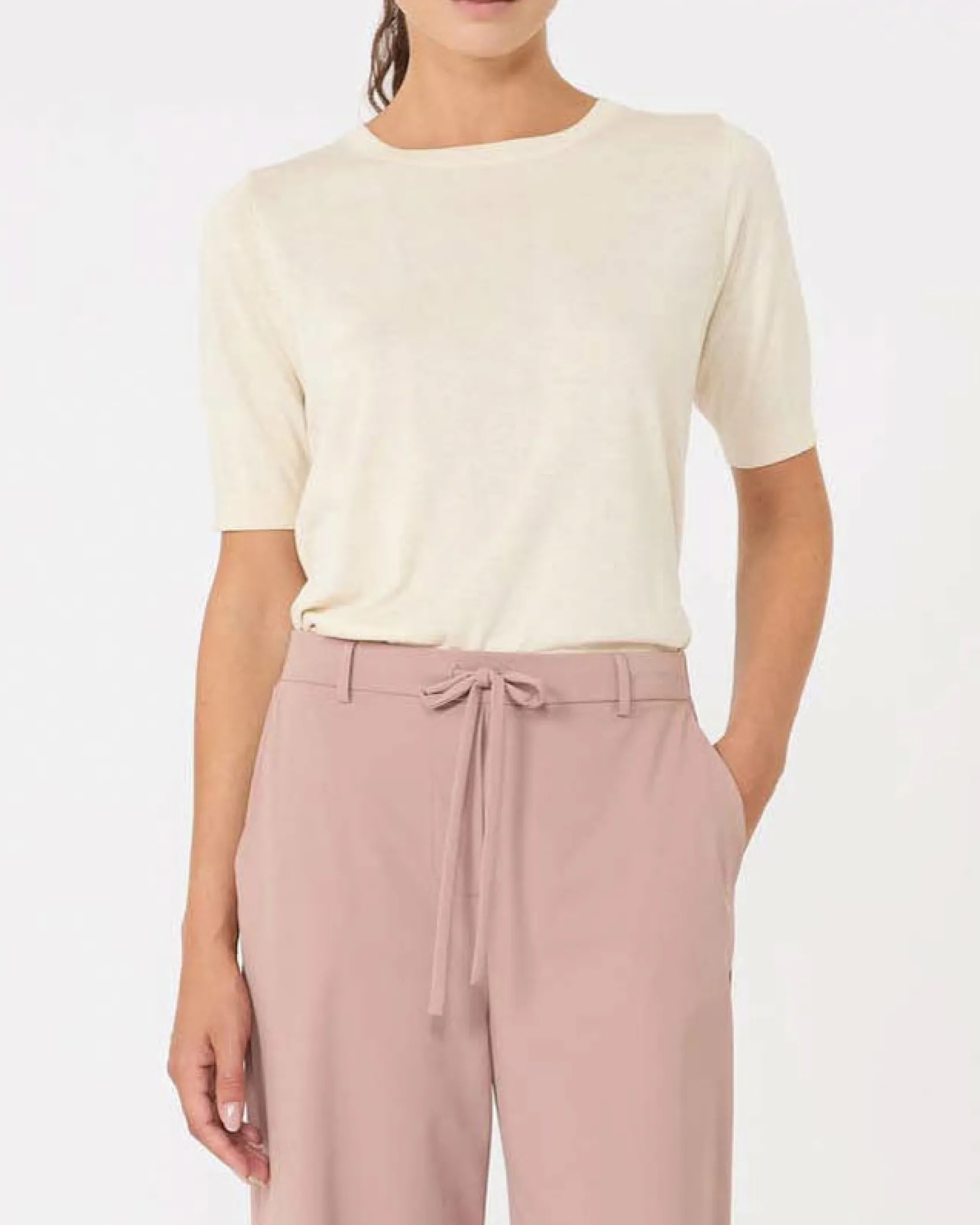 Maglia color avorio in seta e cotone a lavorazione rasata MM Max Mara con maniche corte
