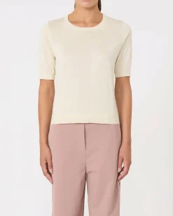 Maglia color avorio in seta e cotone a lavorazione rasata MM Max Mara con maniche corte
