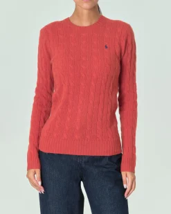 Maglia color mattone lavorata a trecce in misto lana e cachemire con logo ricamato a contrasto sul petto