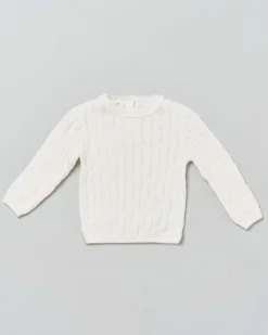 Maglia color panna girocollo in pura lana a trecce
