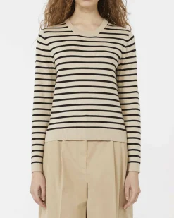 Maglia color sabbia a righe blu Weekend Max Mara in lana e sata con scollo a giro