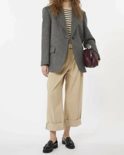 Maglia color sabbia a righe blu Weekend Max Mara in lana e sata con scollo a giro
