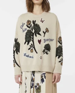 Maglia color sabbia in pura lana Weekend Max Mara a motivo jacquard botanico a contrasto di colore