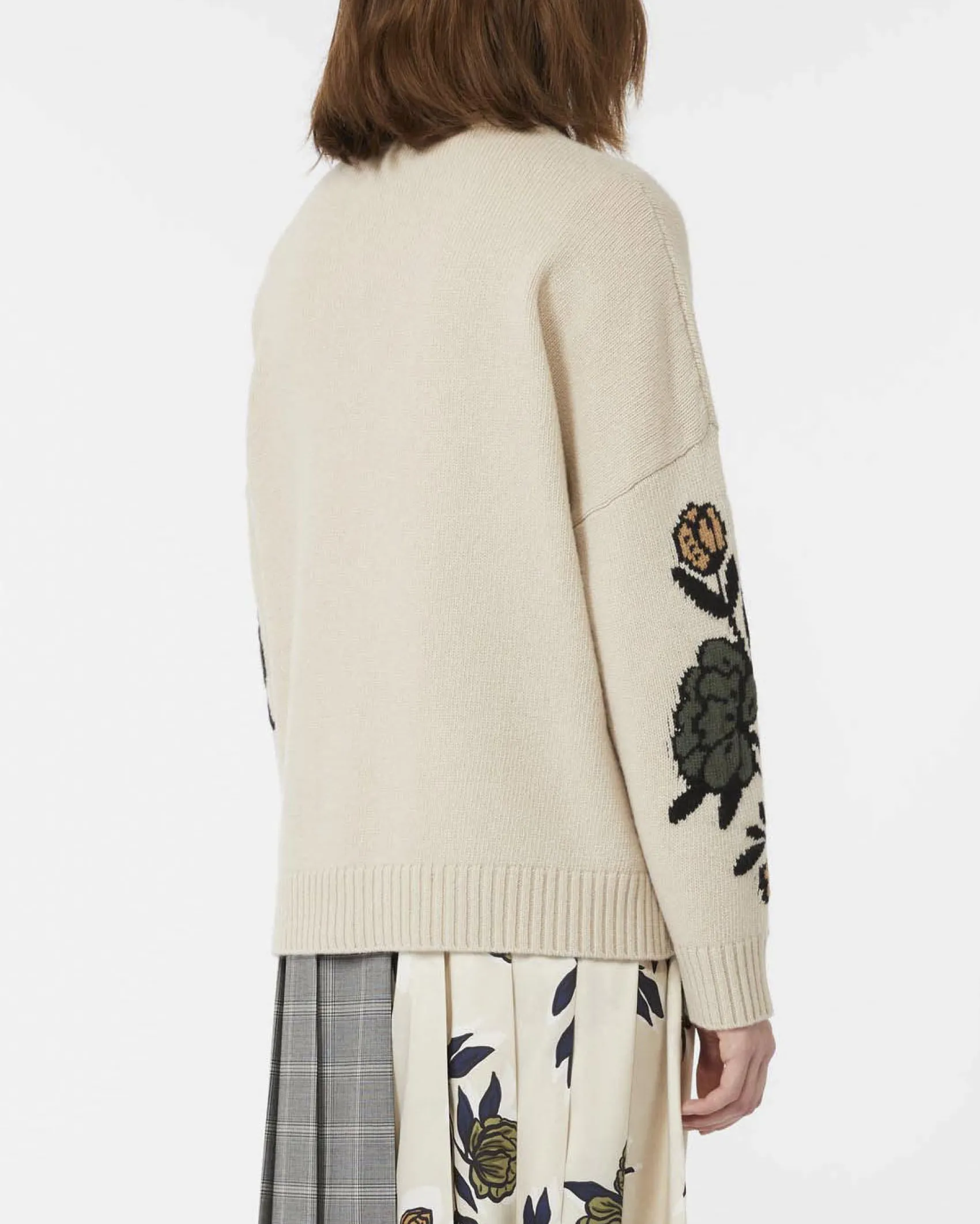 Maglia color sabbia in pura lana Weekend Max Mara a motivo jacquard botanico a contrasto di colore