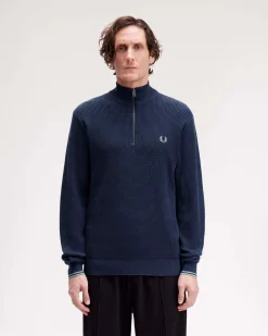 Maglia Fred Perry blu indaco in puro cotone punto waffle con apertura a mezza zip