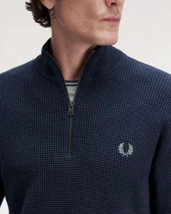 Maglia Fred Perry blu indaco in puro cotone punto waffle con apertura a mezza zip
