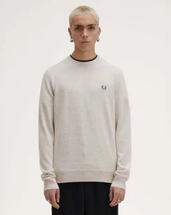 Maglia Fred Perry color panna girocollo in misto lana merino e cotone con logo blu
