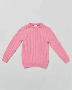 Maglia fucsia girocollo in pura lana merino con lavorazione a trecce