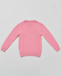 Maglia fucsia girocollo in pura lana merino con lavorazione a trecce