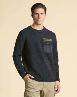 Maglia girocollo Aeronautica Militare blu in ciniglia con taschino al petto