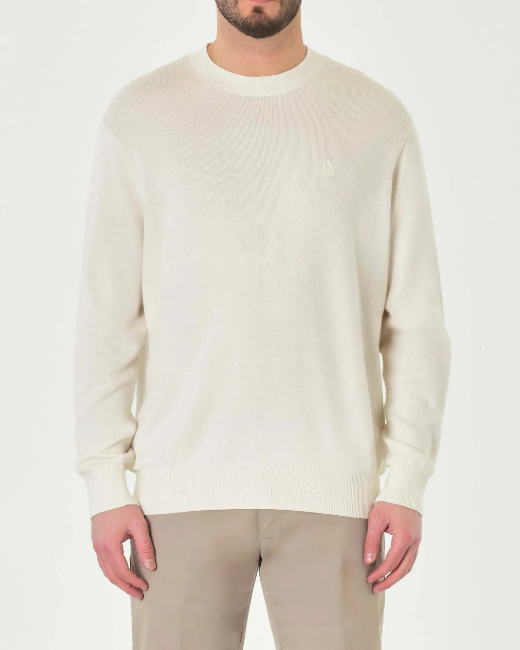 Maglia girocollo Armani Exchange color panna in misto cotone viscosa e seta