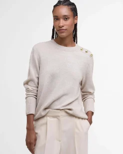 Maglia girocollo beige Barbour Eleanor in lana e cotone con bottoni a specchio dorati sulla spalla