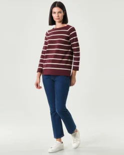Maglia girocollo bordeaux Emme Marella a righe bianche in misto viscosa con spacchi laterali