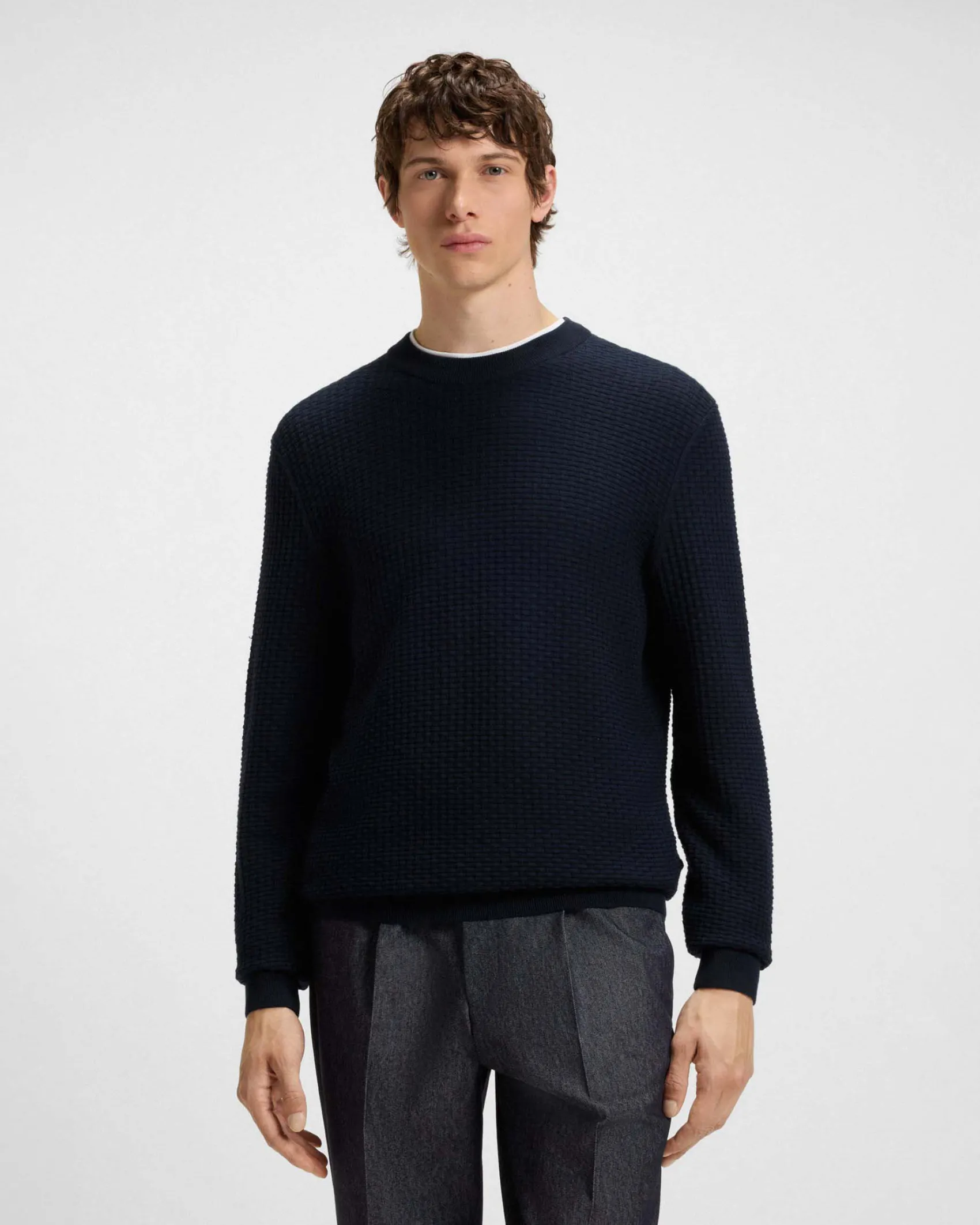 Maglia girocollo Boss blu in puro cotone punto canestro