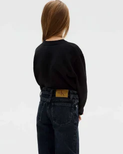 Maglia girocollo Calvin Klein nera in cotone con logo monogramma ricamato davanti