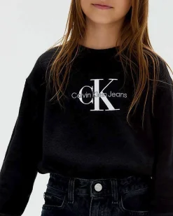 Maglia girocollo Calvin Klein nera in cotone con logo monogramma ricamato davanti