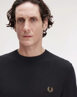 Maglia girocollo Fred Perry nera in puro cotone punto pepe