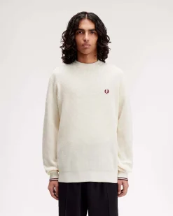 Maglia girocollo Fred Perry color panna in puro cotone punto waffle
