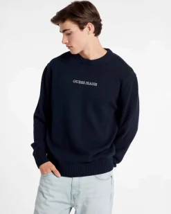 Maglia girocollo Guess Jeans blu in puro cotone con logo scritta ricamata davanti