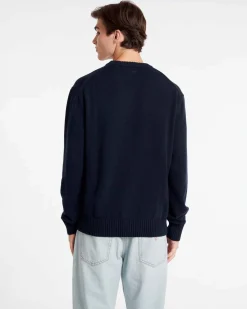 Maglia girocollo Guess Jeans blu in puro cotone con logo scritta ricamata davanti