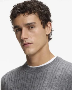 Maglia girocollo Hetico Boss grigia in misto lana e cashmere a trecce
