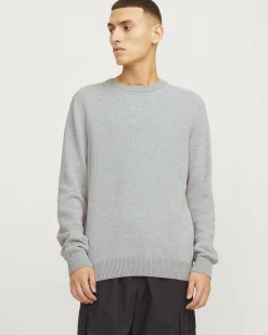 Maglia girocollo Jack & Jones grigio chiaro in puro cotone punto mimosa regular-fit con etichetta logo sul fianco
